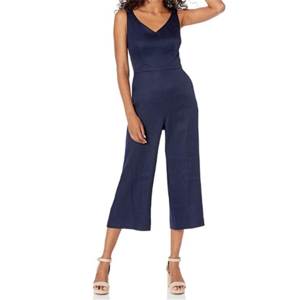 Trina Turk Observer Navy Textured V-Neck Bow Strap Cropped Jumpsuit Sz 16